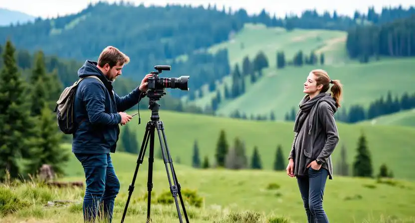 fotograf pri praci v prirode s modelom