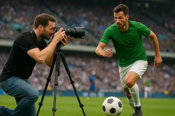 Fotograf zachytáva športovca v akcii počas futbalového zápasu
