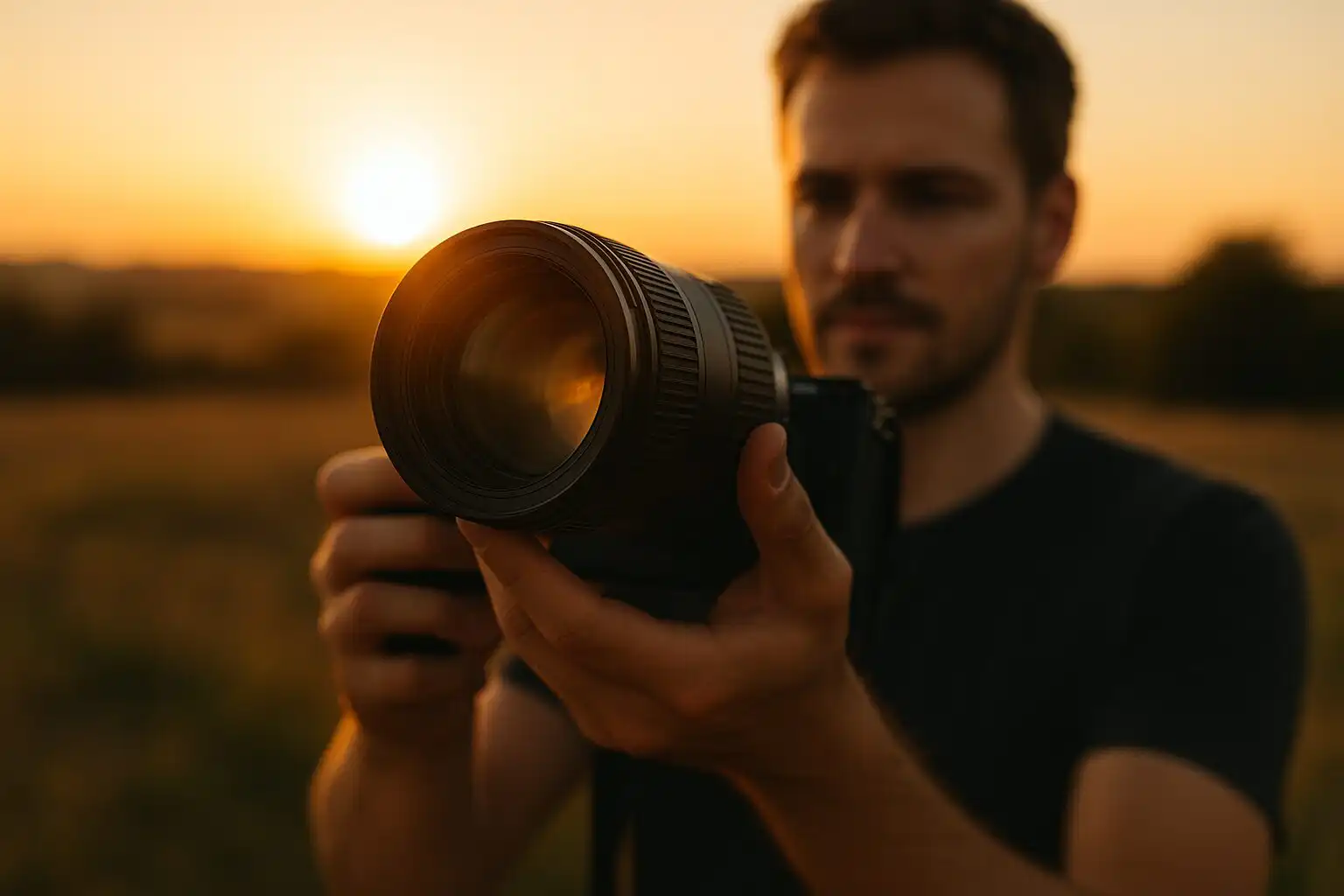 Fotograf drží objektív v ruke pri západe slnka