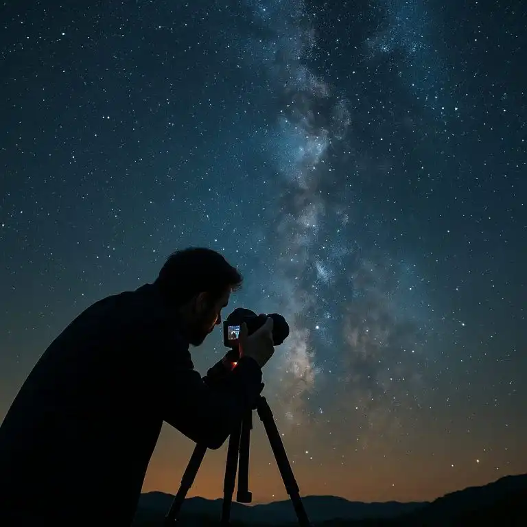 Fotograf fotí nočnú oblohu so statívom