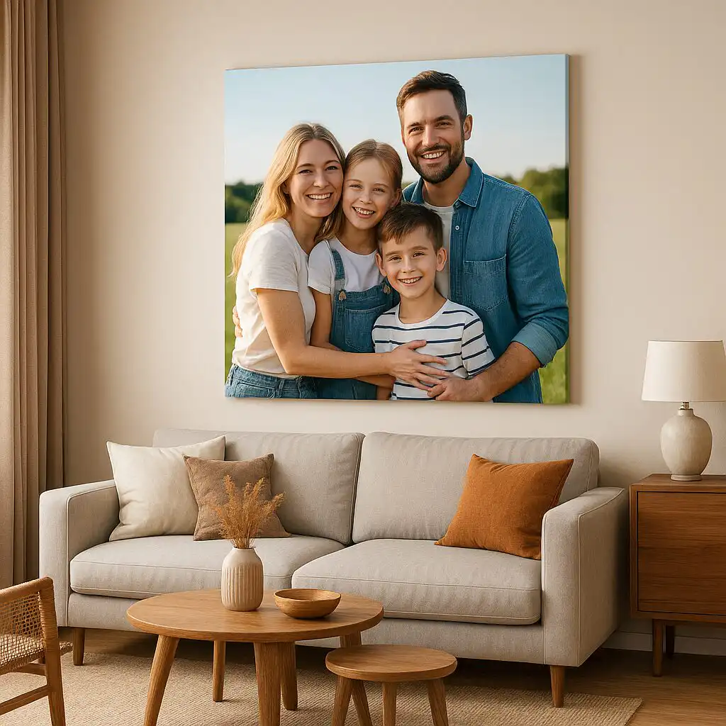 Štýlová obývačka so svetlobéžovou stenou a veľkoformátovým rodinným fotoplátnom nad pohovkou; mama, otec a dve deti sa usmievajú v letnej prírode, čo dodáva celej miestnosti útulnú atmosféru