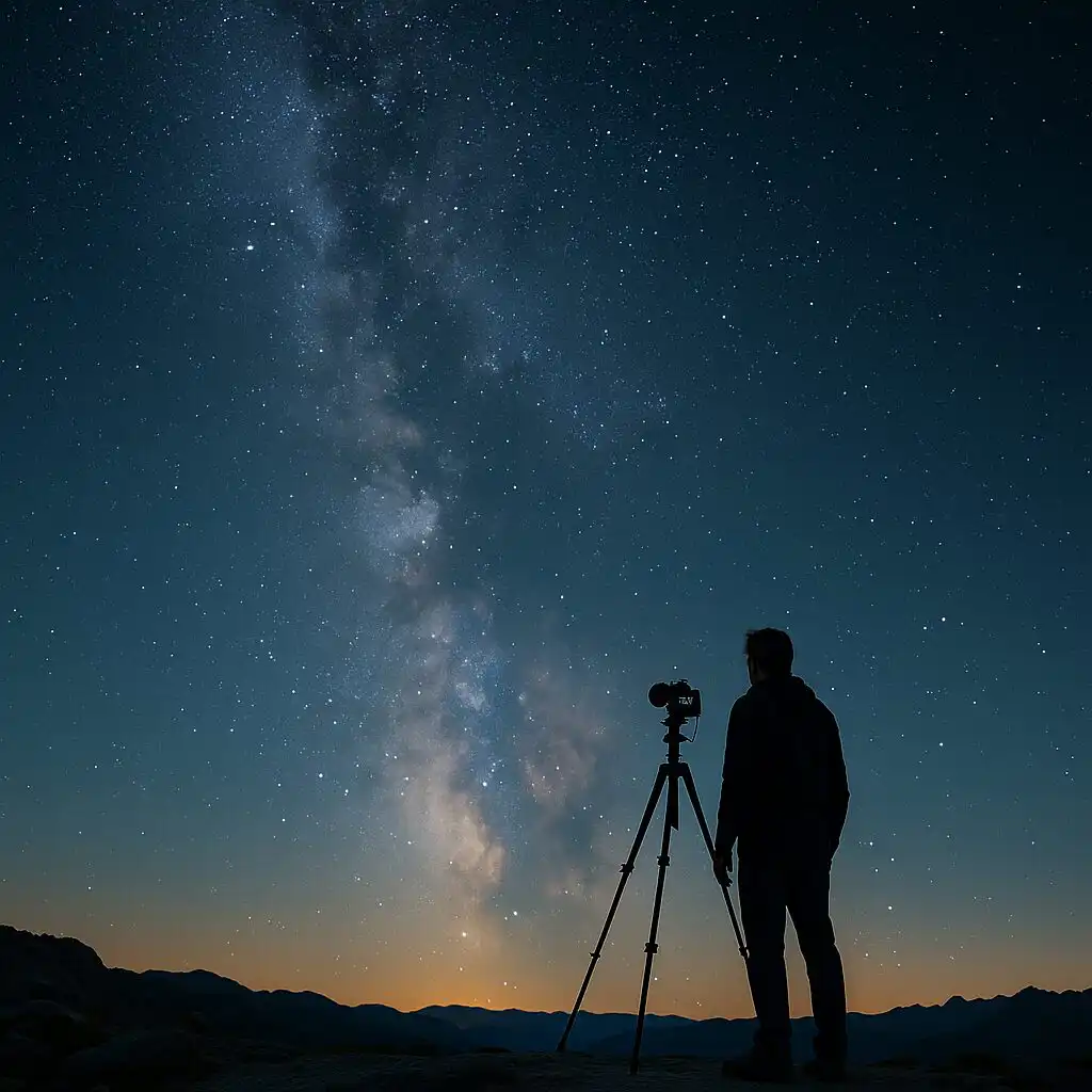 Fotograf stojí na statíve a fotí nočnú oblohu plnú hviezd