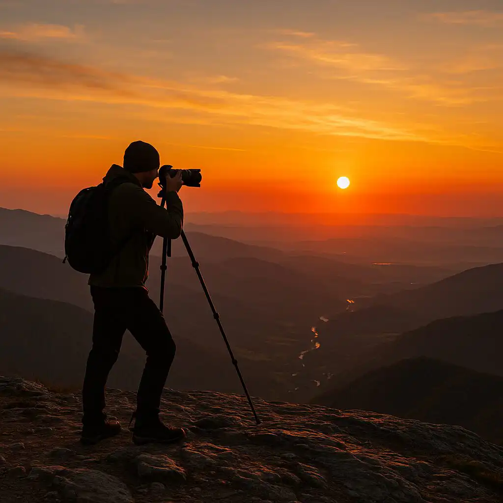 Fotograf stojí na vrchole hory a fotí západ slnka nad údolím