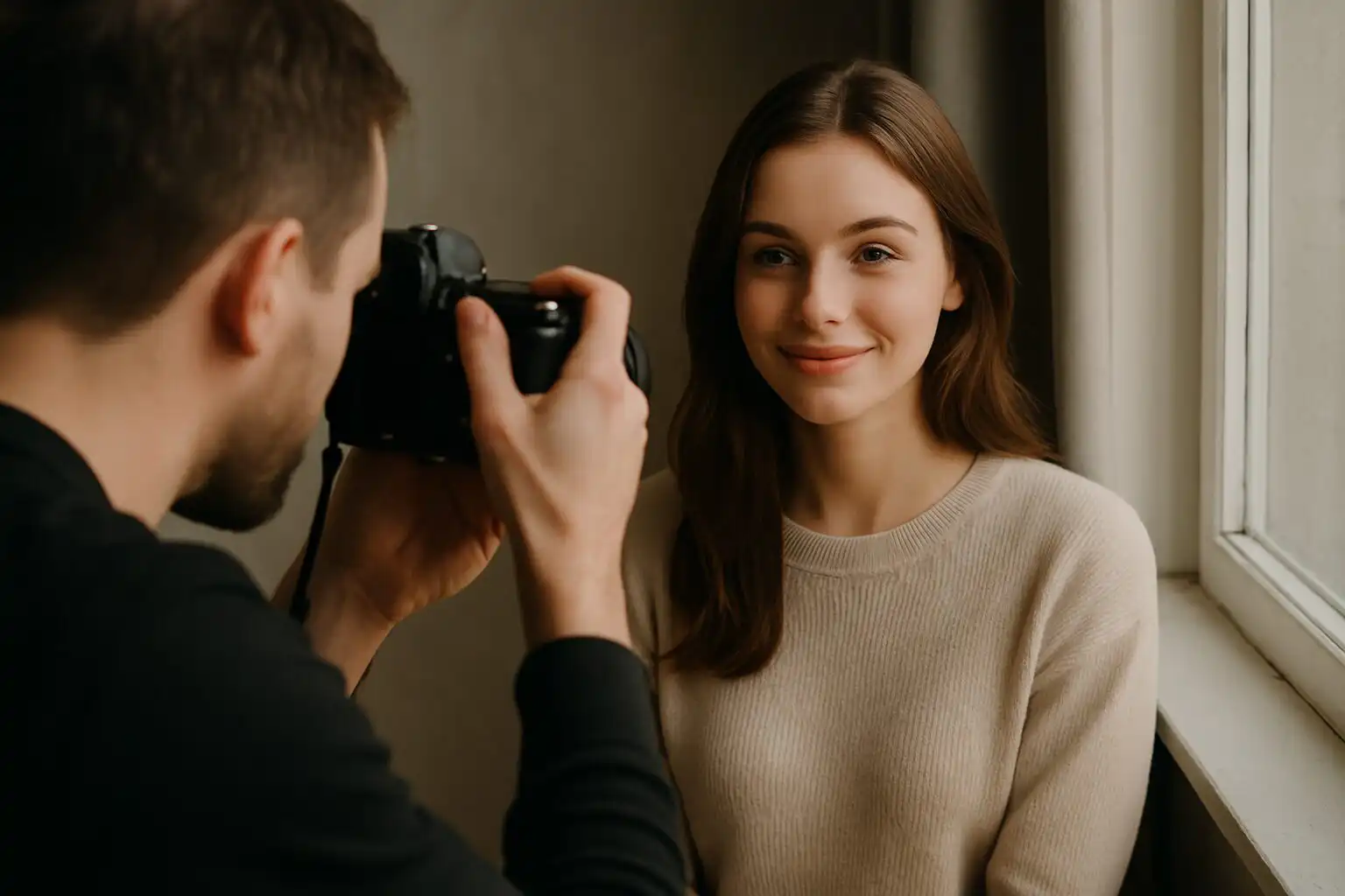 Fotograf zachytáva portrét mladej ženy pri prirodzenom svetle