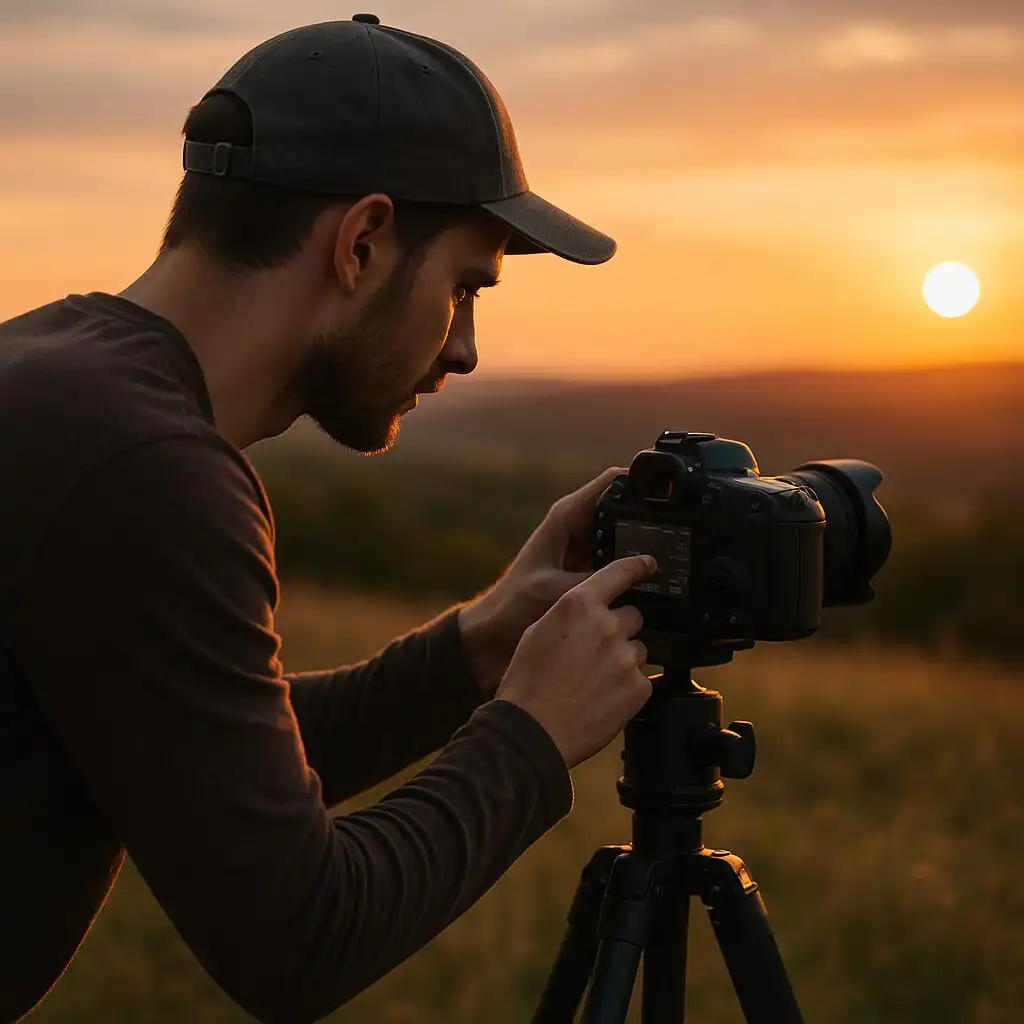 Fotograf nastavuje parametre fotoaparátu počas exteriérového fotenia