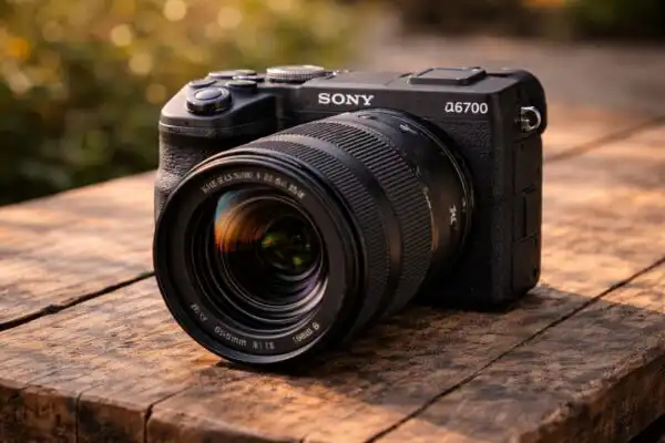 Sony Alpha A6700 s nasadeným objektívom počas fotenia v exteriéri, kompaktná APS-C bezzrkadlovka pripravená na športové, cestovateľské aj lifestyle zábery