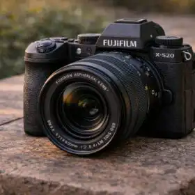 Fujifilm X-S20 s nasadeným objektívom XF počas fotenia v exteriéri, kompaktná APS-C bezzrkadlovka pripravená na portréty, cestovanie aj video tvorbu