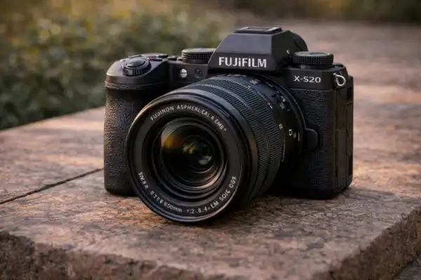 Fujifilm X-S20 s nasadeným objektívom XF počas fotenia v exteriéri, kompaktná APS-C bezzrkadlovka pripravená na portréty, cestovanie aj video tvorbu
