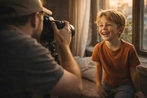 Fotograf fotí dieťa v prirodzenom svetle pri okne, zachytáva spontánny úsmev a pohyb v domácom prostredí