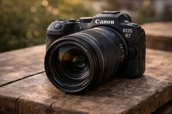 Canon EOS R7 s nasadeným RF-S objektívom počas fotenia v exteriéri, rýchla APS-C bezzrkadlovka pripravená na športové aj prírodné zábery