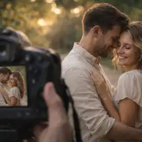 Fotograf pracuje s fotoaparátom v exteriéri pri mäkkom svetle, ukážka základných techník fotenia, práce so svetlom a kompozíciou v praxi