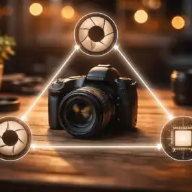 Fotoaparát na statíve pri západe slnka, fotograf nastavuje clonu a čas uzávierky, vizuálna ukážka expozičného trojuholníka v prirodzenom svetle