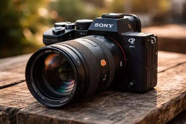Sony Alpha a7 V položený na stole s nasadeným objektívom počas fotografovania v exteriéri, profesionálna full frame bezzrkadlovka pripravená na portrétne aj krajinné zábery