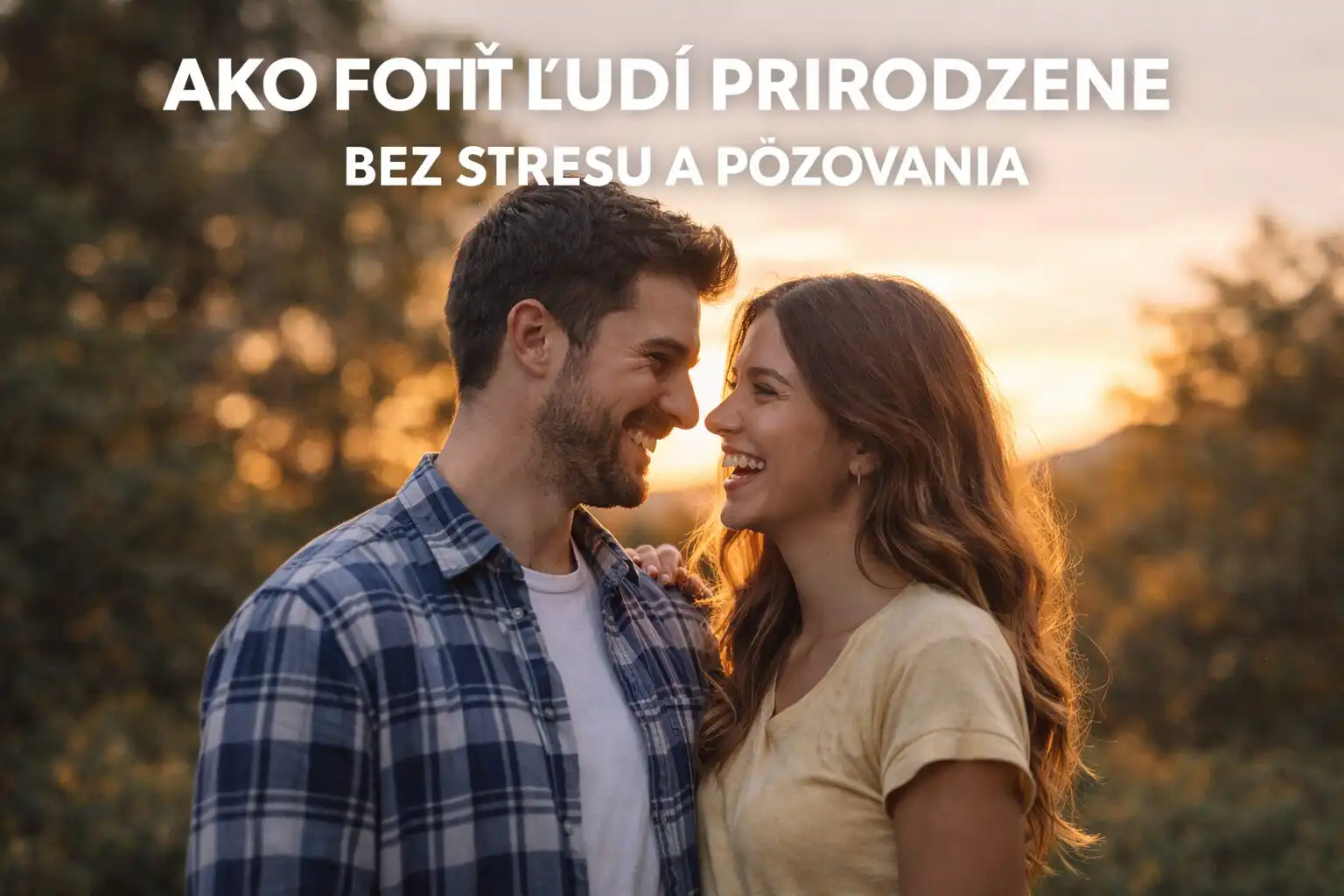 Mladý pár sa smeje počas prechádzky v parku pri západe slnka, prirodzený portrét bez pózovania zachytený v exteriéri