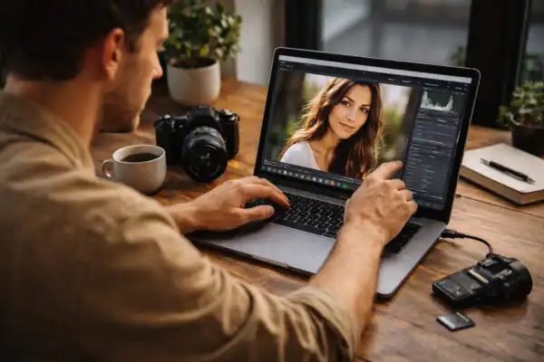 Fotograf sedí pri stole s notebookom, externými diskami a pamäťovými kartami, triedi a zálohuje fotografie v domácom pracovnom prostredí pri dennom svetle