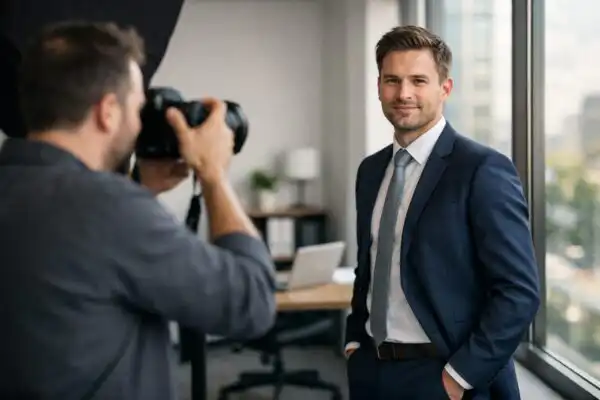 Fotograf fotí muža v obleku pri veľkom okne v kancelárii, mäkké prirodzené svetlo dopadá na tvár, minimalistické pracovné prostredie, realistická biznis portrétna scéna bez textu
