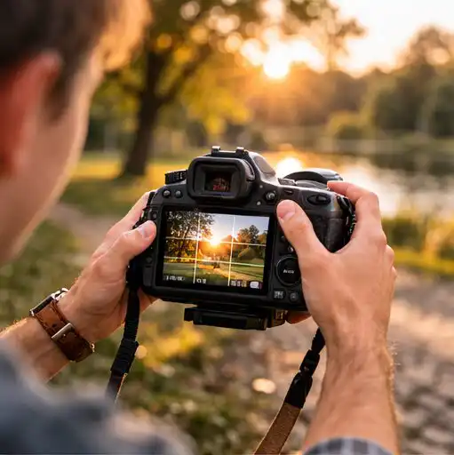 Fotograf nastavuje manuálny režim fotoaparátu v parku pri prirodzenom svetle pred fotografovaním portrétu