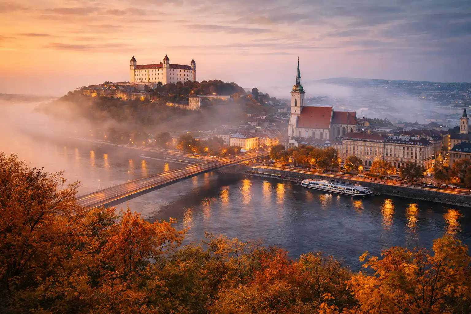 Panoráma mesta počas golden hour s vrstvami popredia a pozadia