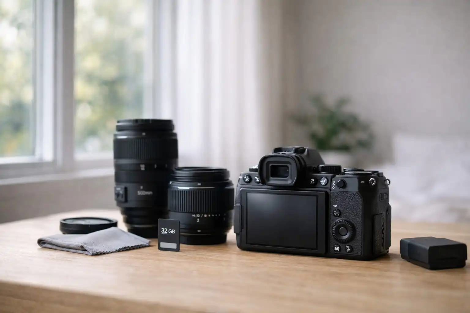 fotograficka technika pre zaciatocnikov fotoaparat a objektivy na stole pri okne