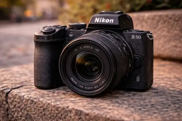 Nikon Z50 s nasadeným Z DX objektívom počas fotenia v exteriéri, kompaktná APS-C bezzrkadlovka pripravená na cestovanie, portréty aj lifestyle zábery