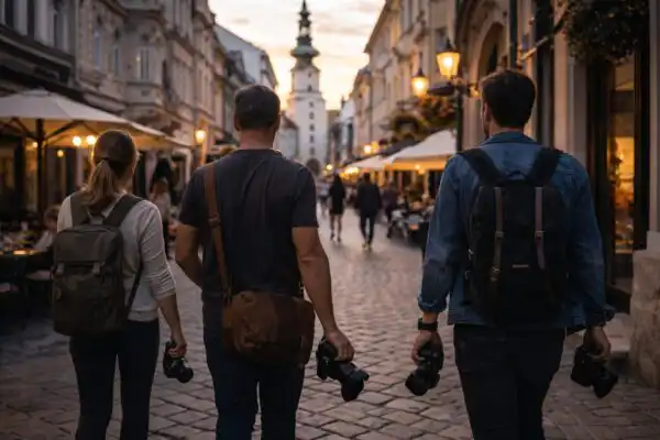 Koláž fotografií Bratislavy zobrazujúca typické chyby – rozmazaný záber, prepálený západ slnka, krivý horizont a rušivé prvky v kompozícii