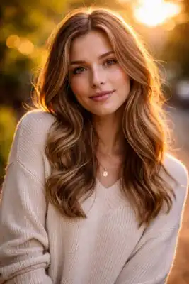 Portrét mladej ženy v exteriéri s jemným bokehom v pozadí, kruhové svetelné odlesky, ostrá tvár a mäkké večerné svetlo