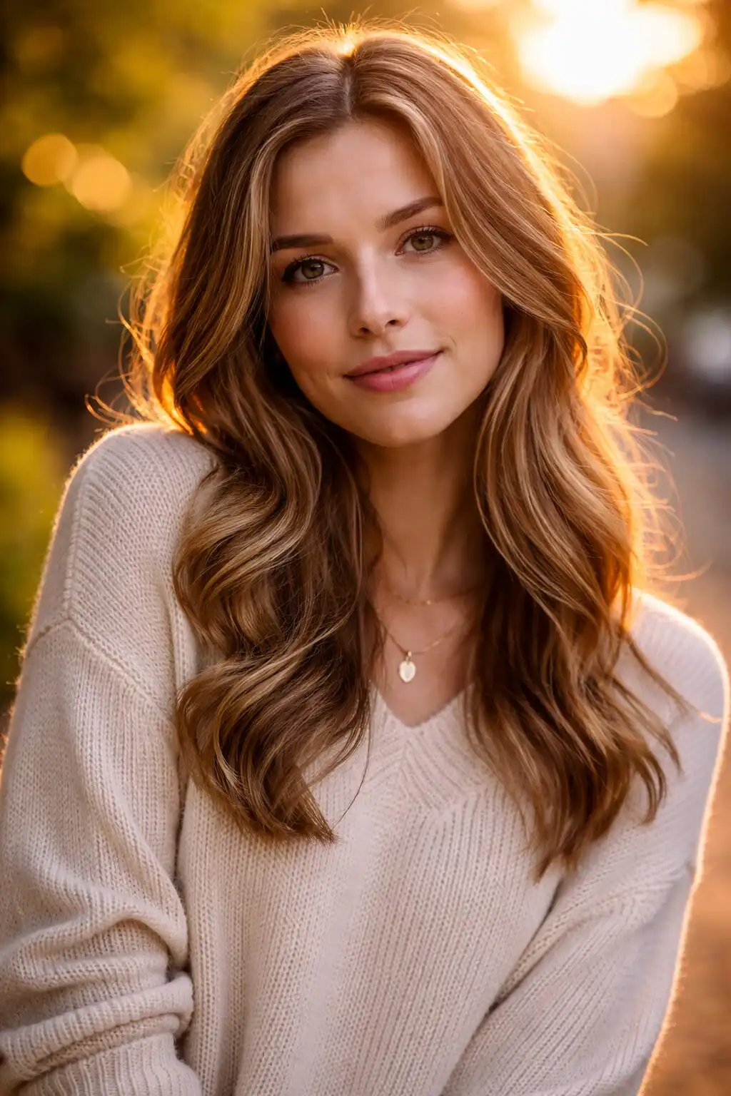 Portrét mladej ženy v exteriéri s jemným bokehom v pozadí a mäkkým večerným svetlom