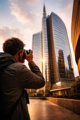 Fotograf stojí pred modernou budovou v meste počas zlatej hodiny, fotí architektúru z nízkeho uhla, čisté línie stavby a teplé večerné svetlo
