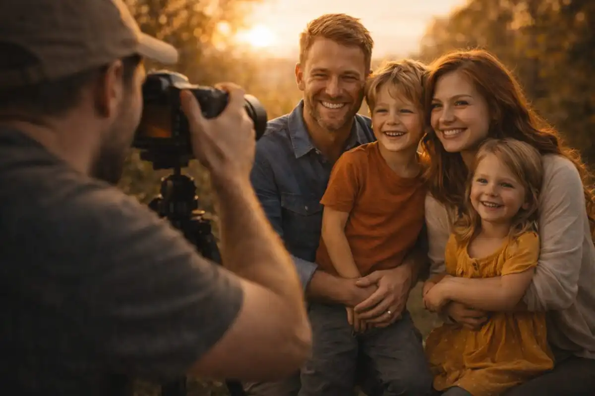 Ako fotiť rodinu: prirodzené skupinové portréty, svetlo, pózy a ostré fotky bez chaosu