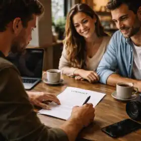 Fotograf podpisuje zmluvu s klientom pri stolíku v kaviarni, na stole leží fotoaparát, notebook a papierová zmluva, prirodzené denné svetlo