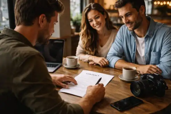 Fotograf podpisuje zmluvu s klientom pri stolíku v kaviarni, na stole leží fotoaparát, notebook a papierová zmluva, prirodzené denné svetlo