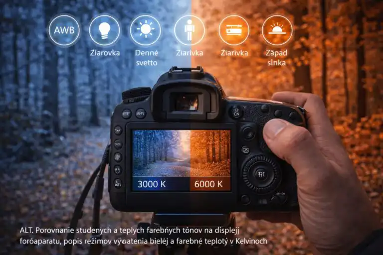 Fotoaparát na statíve pri okne, fotograf porovnáva rôzne nastavenia vyváženia bielej na displeji, teplé a studené tóny svetla v interiéri