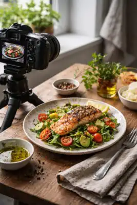 Fotografovanie jedla pri okne s prirodzeným svetlom, tanier cestovín na drevenom stole, fotoaparát na statíve a jemne rozostrené pozadie kuchyne