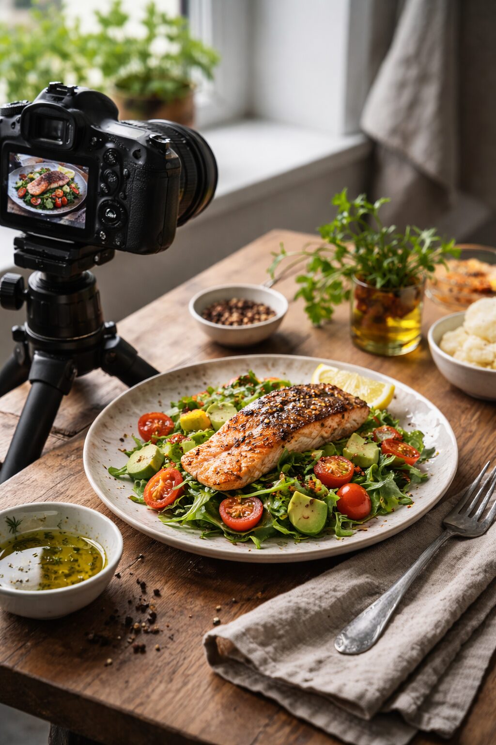 Fotografovanie jedla pri okne s prirodzeným svetlom, tanier cestovín na drevenom stole, fotoaparát na statíve a jemne rozostrené pozadie kuchyne
