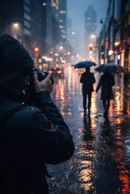 Fotograf v pršiplášti fotí mestskú ulicu počas dažďa, mokrý asfalt s odrazmi svetiel, dáždniky ľudí a jemná hmla v pozadí