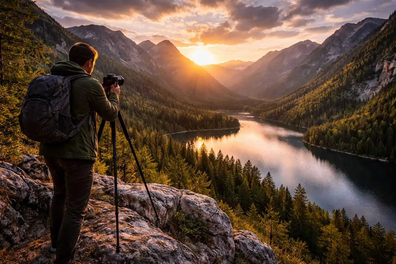 Fotograf stojí so statívom pred horskou krajinou pri západe slnka, viacnásobná expozícia pre HDR, dramatická obloha a detailná krajina