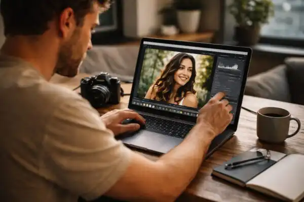 Fotograf upravuje portrétnu fotografiu v Adobe Lightroome na notebooku, vedľa leží fotoaparát a šálka kávy, mäkké denné svetlo v pracovnom priestore