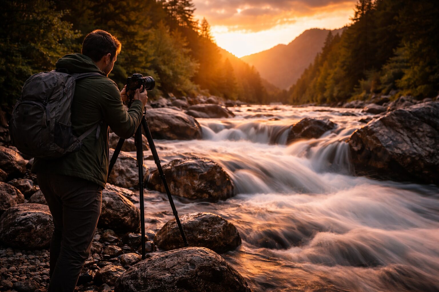 Fotograf pripravuje fotoaparát na statíve na fotografovanie nočnej oblohy