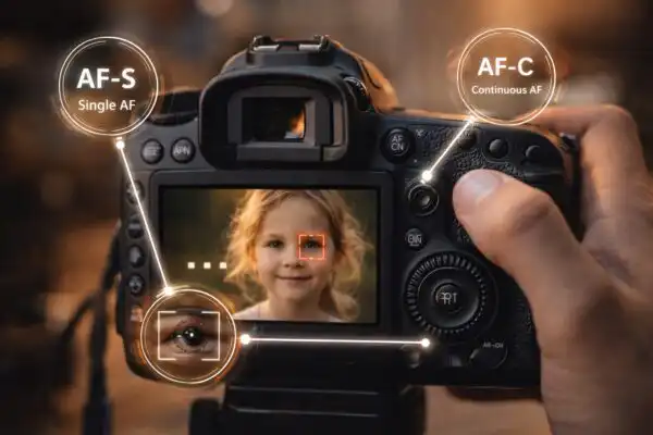 Detailný záber na ruky fotografa nastavujúce zaostrovací bod na fotoaparáte, objektív mieri na osobu v miernom pohybe, ukážka práce s automatickým ostrením v prirodzenom svetle