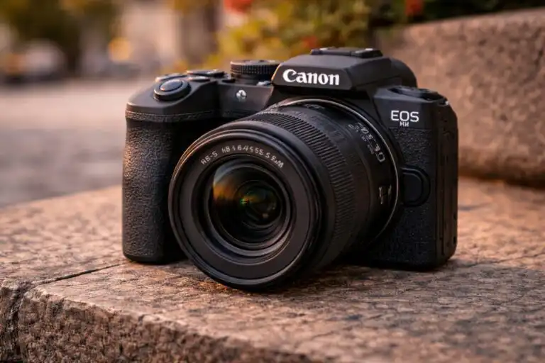 Canon EOS R10 s RF objektívom počas fotenia v exteriéri, kompaktná APS-C bezzrkadlovka pripravená na šport, portréty aj lifestyle zábery