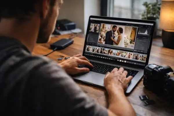 Fotograf sedí pri stole s notebookom, triedi svadobné fotografie v Lightroome, na stole fotoaparát a pamäťové karty, prirodzené denné svetlo