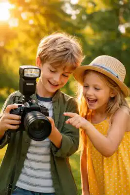 Letecky zaber krajiny foteny dronom a vedla fotograf s fotoaparatom v exterieri, porovnanie perspektivy zo vzduchu a zo zeme