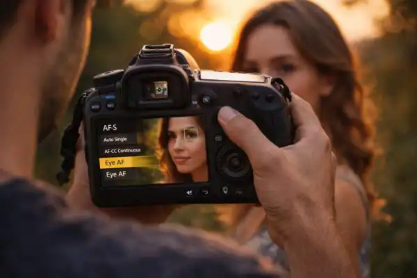 Fotograf nastavuje automatické ostrenie na digitálnom fotoaparáte počas portrétneho fotenia v exteriéri, ostrý pohľad modelky a jemné rozostrené pozadie