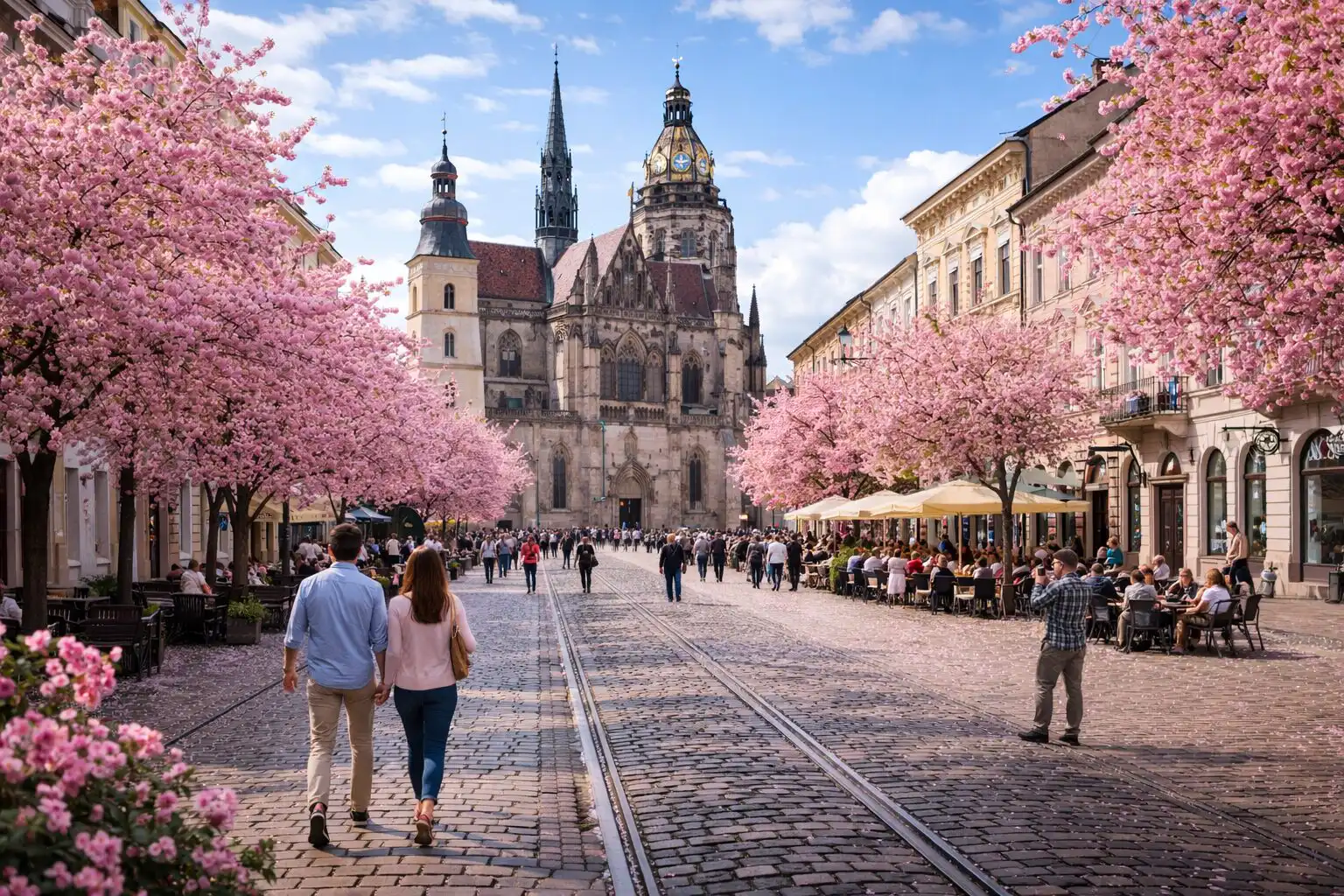 Čiernobiely pohľad na historické centrum Košíc s Dómom svätej Alžbety a chodcami v dramatickom svetle – čiernobiela fotografia Košíc
