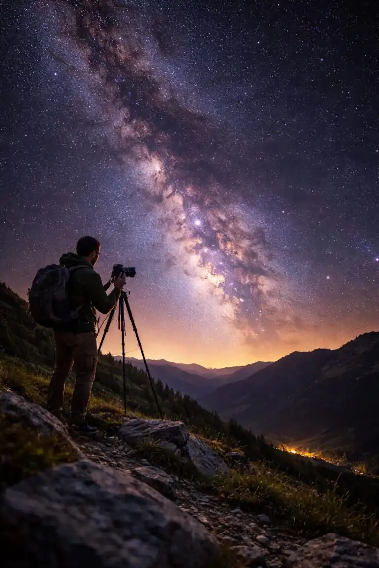 Fotograf stojaci pri statíve pod hviezdnou oblohou, viditeľná Mliečna dráha, tmavá krajina a jemné svetlo na horizonte