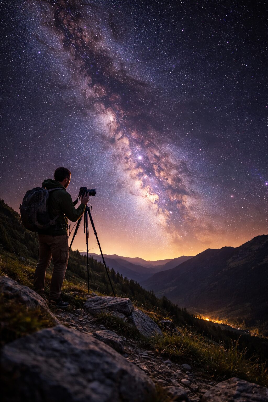 Fotograf stojí so statívom pod hviezdnou oblohou počas nočnej fotografie