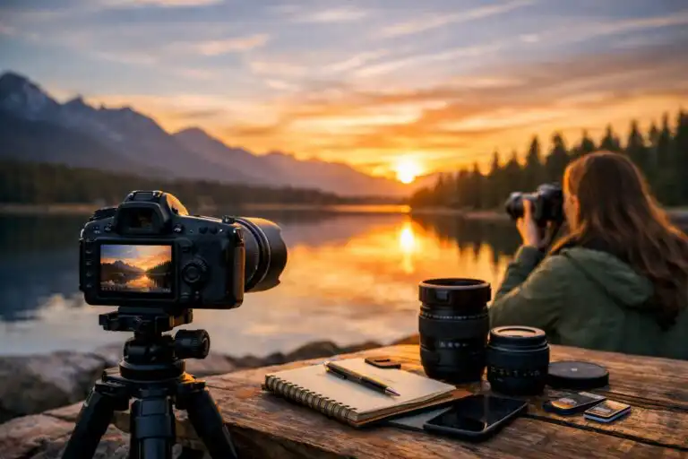 DSLR fotoaparát na statíve pri západe slnka pri jazere, fotografka v pozadí a fotografické príslušenstvo na stole