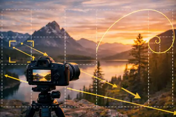 DSLR fotoaparát na statíve pri západe slnka s kompozičnou mriežkou a zlatou špirálou v scéne