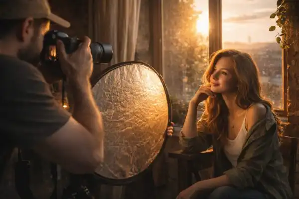 Fotograf fotí portrét pri okne počas zlatej hodiny a používa odraznú dosku na zjemnenie svetla
