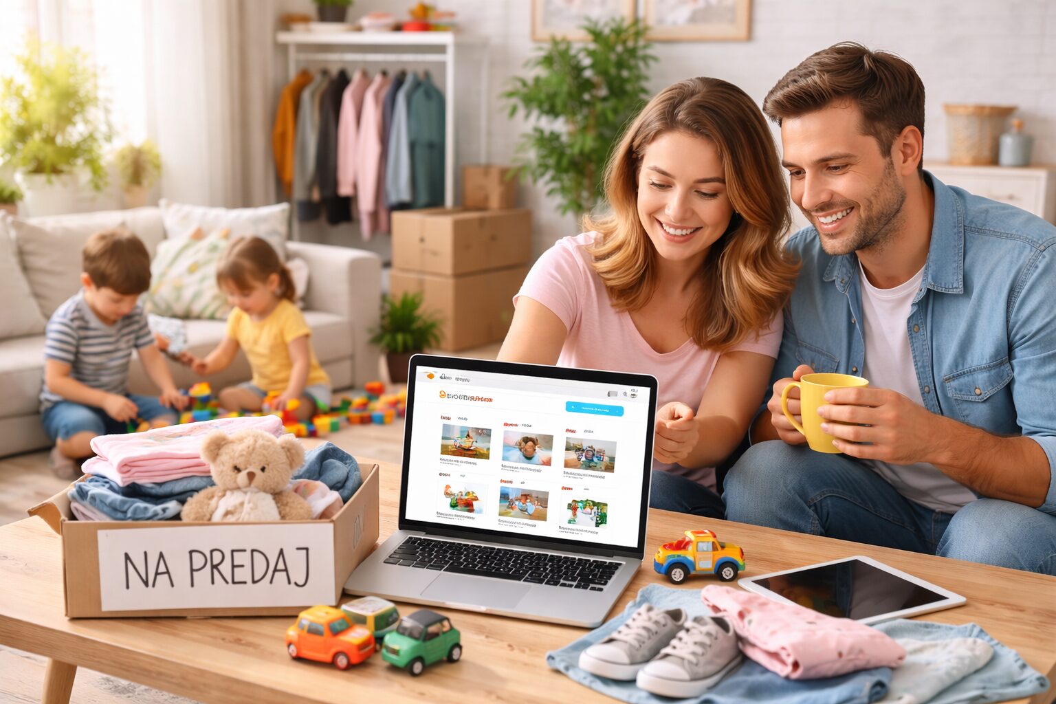 Svetlý moderný interiér, kde si ľudia prezerajú a triedia veci určené na predaj a kúpu cez online bazár, symbol zdieľania, komunity a praktického životného štýlu.